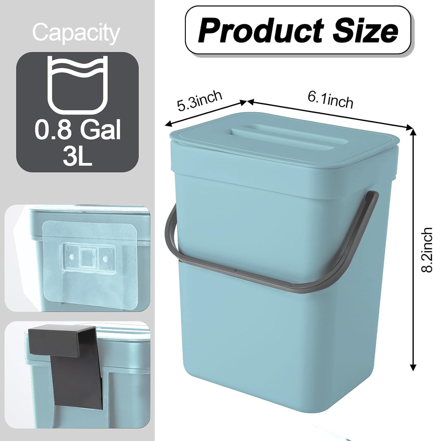Compost Bin Kitchen, for use on Countertops or Under Sinks, Hanging Trash Can with Lid, for Cupboard/Bathroom/Bedroom/Office/Camping, Mountable Indoor Compost Bucket(Blue 0.8 Gallon/3L)