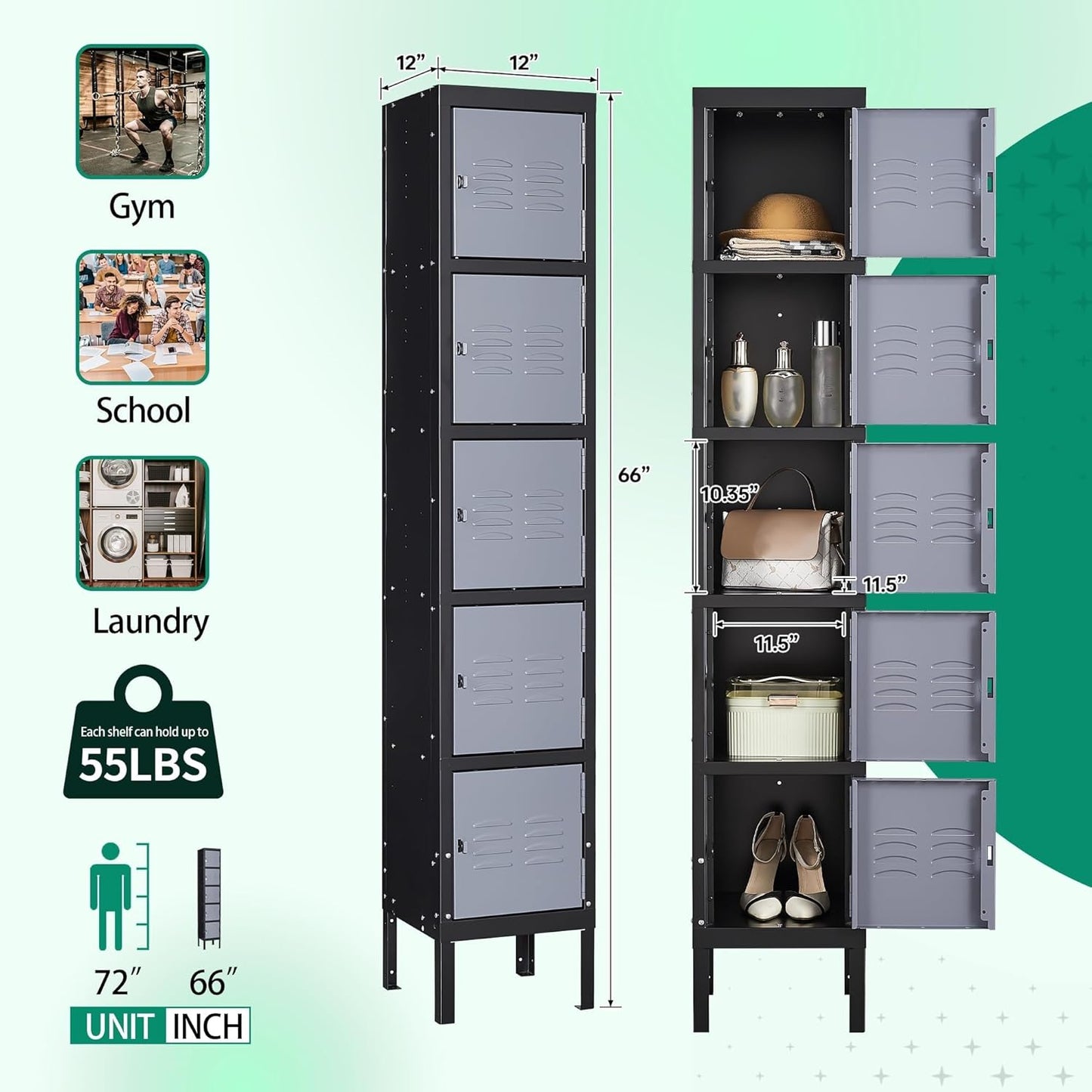 Letaya Metal Locker for Employees,5 Tiered Lockable Storage Organizer Steel Wall Lockers for Work,School,Gym,Home,Office,Staff,Kid Room (5 Door-Black Gray)