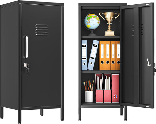 35" Metal Storage Locker, Lockable Employees Metal Locker with Door and Adjustable Shelves, Steel Locker for Home, School, Office, Gym (Black)