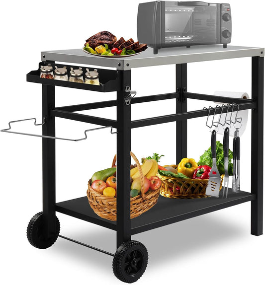 Outvita Outdoor Grill Cart, Movable Food Prep and Work Cart Table, Pizza Oven Stand Table with Wheels, Indoor & Outdoor Multifunctiona Stainless Steel Flattop BBQ Table for Home Party Camping