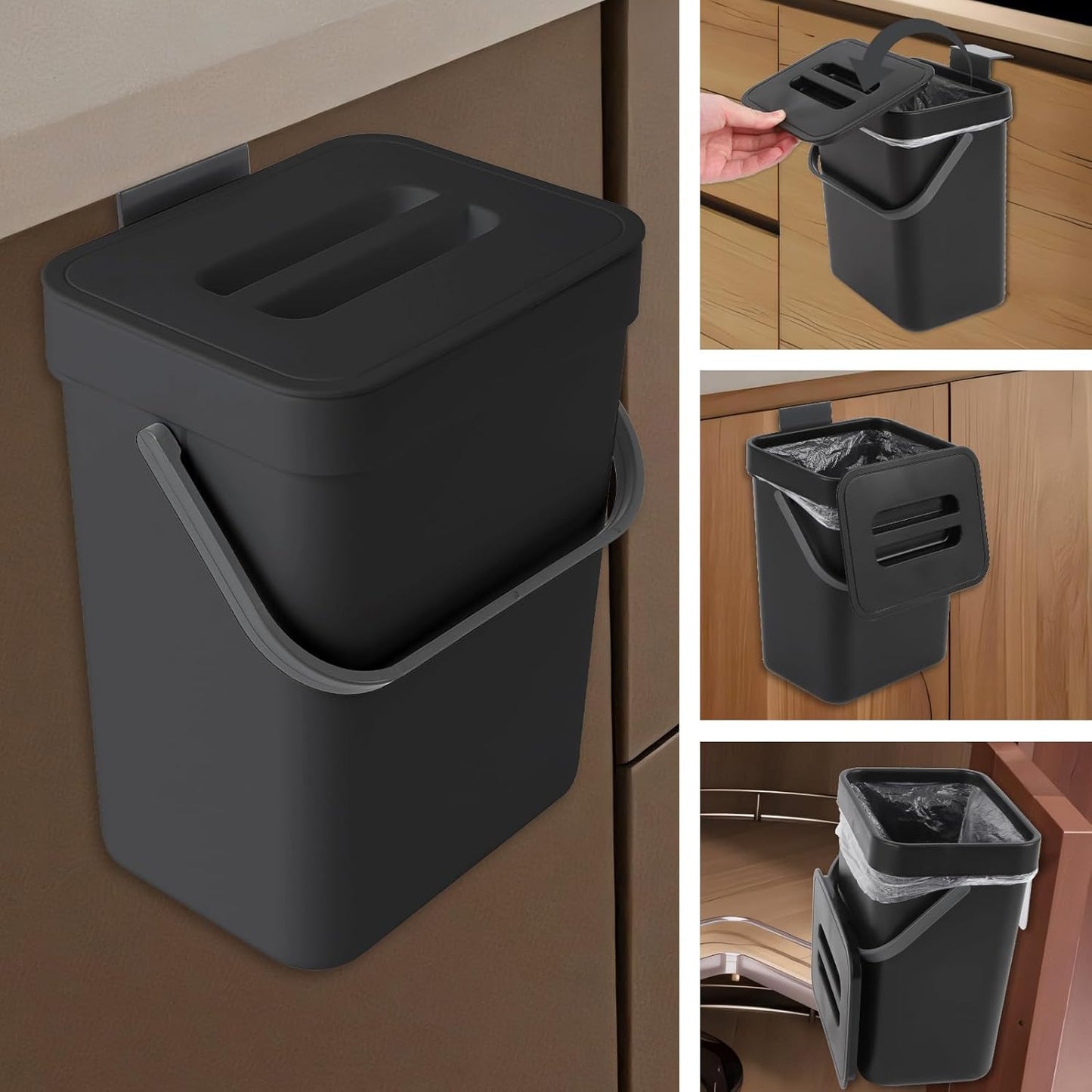 Compost Bin Kitchen, for use on Countertops or Under Sinks, Hanging Trash Can with Lid, for Cupboard/Bathroom/Bedroom/Office/Camping, Mountable Indoor Compost Bucket(Black 1.3 Gallon/5L)