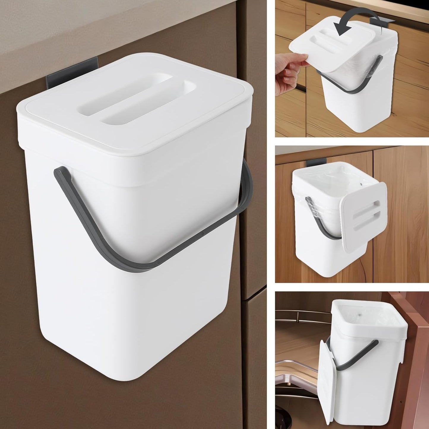 Compost Bin Kitchen, for use on Countertops or Under Sinks, Hanging Trash Can with Lid, for Cupboard/Bathroom/Bedroom/Office/Camping, Mountable Indoor Compost Bucket(White 0.8 Gallon/3L)