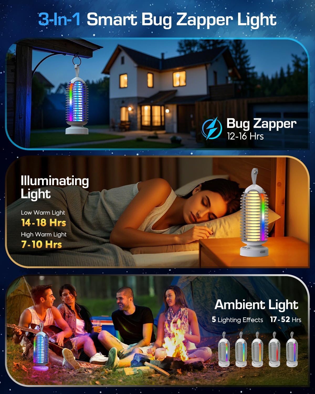 (2 Pack) Bug Zapper Outdoor with Marquee Light, Cordless Mosquito Zapper, 4000mAh Rechargeable Bug Zapper Indoor, Auto On/Off Waterproof Mosquito Trap Fly Zapper for Patio Backyard Kitchen Camping