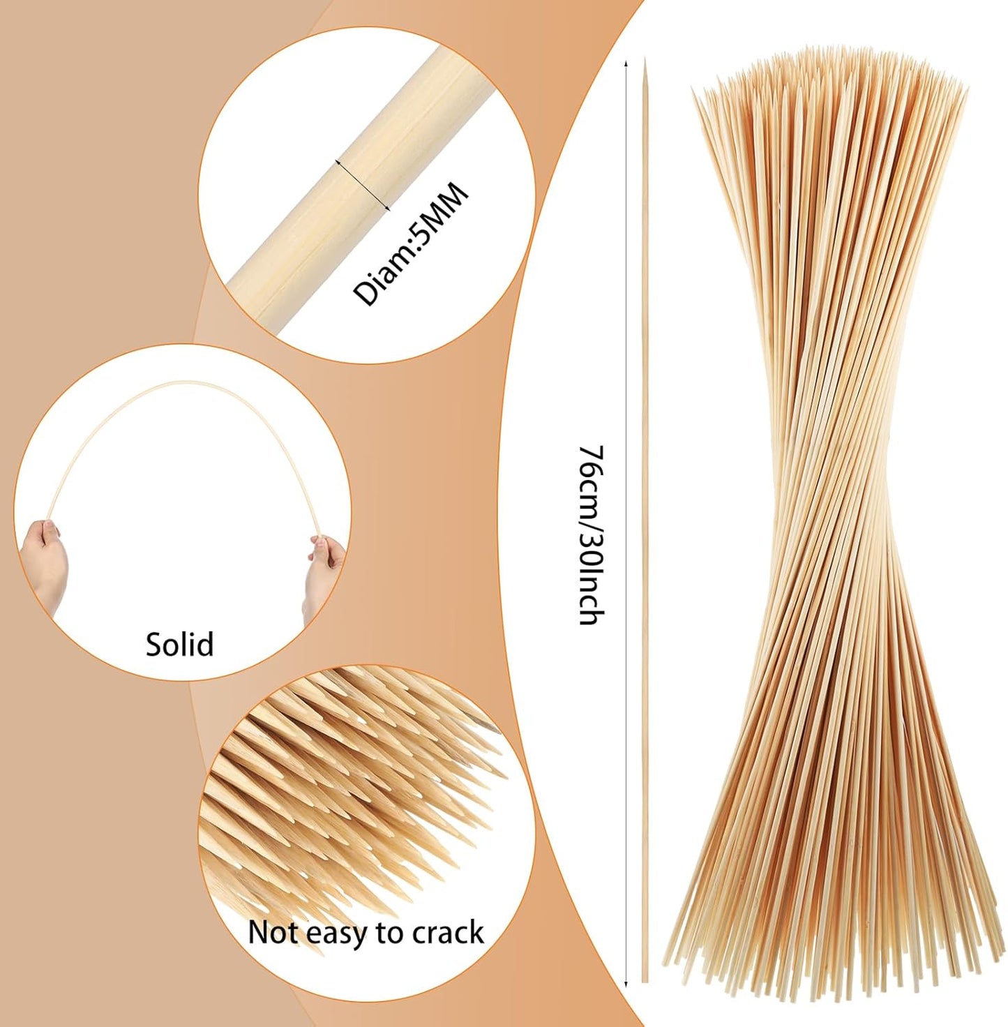 300PCS Marshmallow Roasting Sticks,30 Inch Marshmallow Sticks for Fire Pit Extra Long Wooden Sticks 5mm Thick Bamboo Skewers for Smores Roaster Barbecue Campfire,Weddings and Plant Stakes