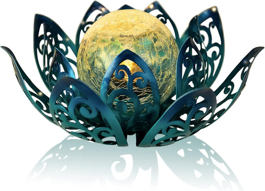 Bshine Solar Outdoor Garden Lotus Decorative Light, Waterproof Metal Cracked Glass Globe LED Lotus Light for Tabletop Decor, Walkway, Lawn Ornaments and Garden, Housewarming Gift (Blue)