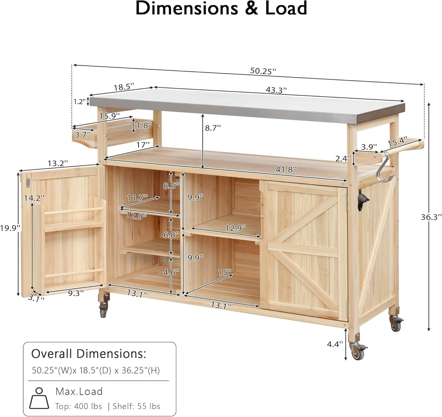 Outdoor Grill Carts for Patio Graden BBQ with Storage Cabinet, Home Rolling Kitchen Island Bar Cart with Stainless Steel Top, Food Prep Table with Shelves, Spice Rack & Towel Holder (Natural)