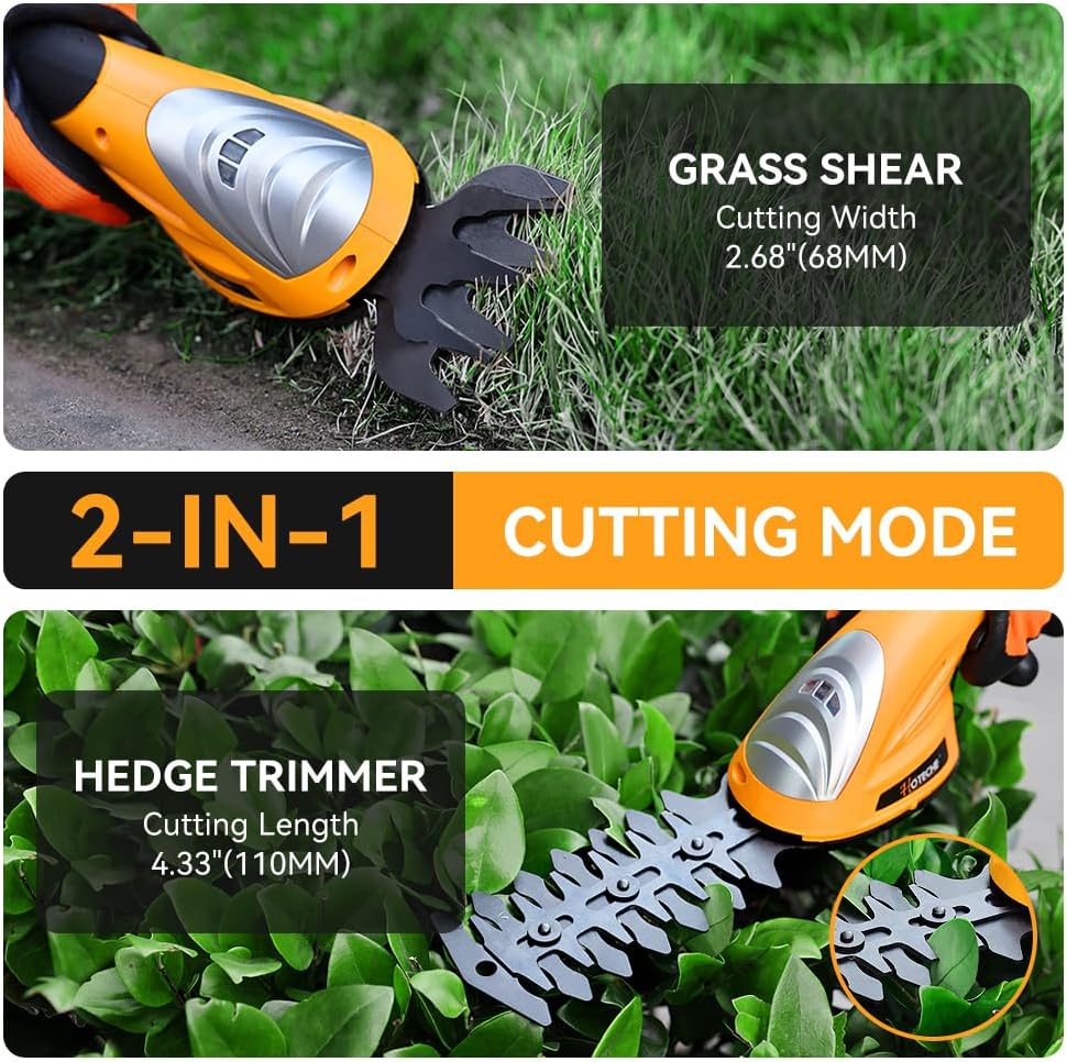Hoteche Cordless Grass Shear & Hedge Trimmer 2-in-1 Handheld 7.2V Rechargeable Electric Shrub Clippers