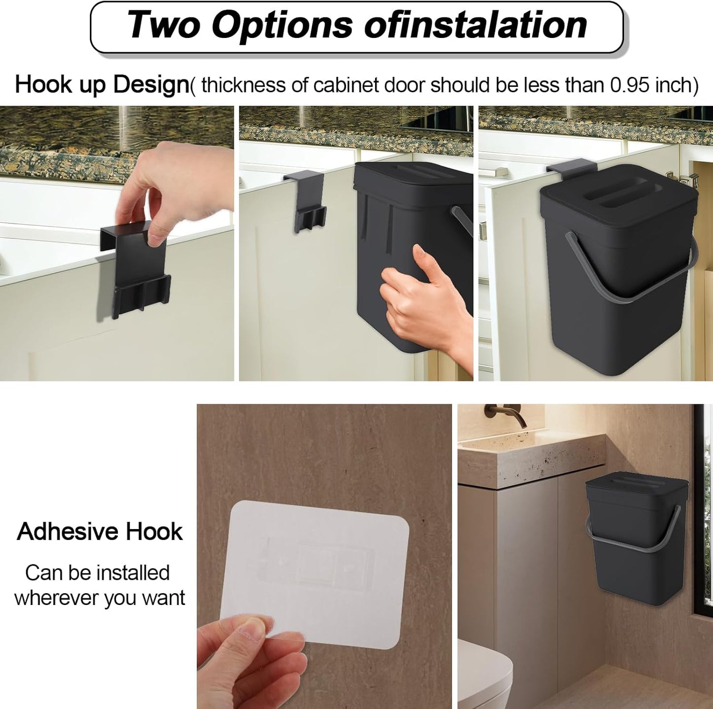 Compost Bin Kitchen, for use on Countertops or Under Sinks, Hanging Trash Can with Lid, for Cupboard/Bathroom/Bedroom/Office/Camping, Mountable Indoor Compost Bucket(Black 1.3 Gallon/5L)