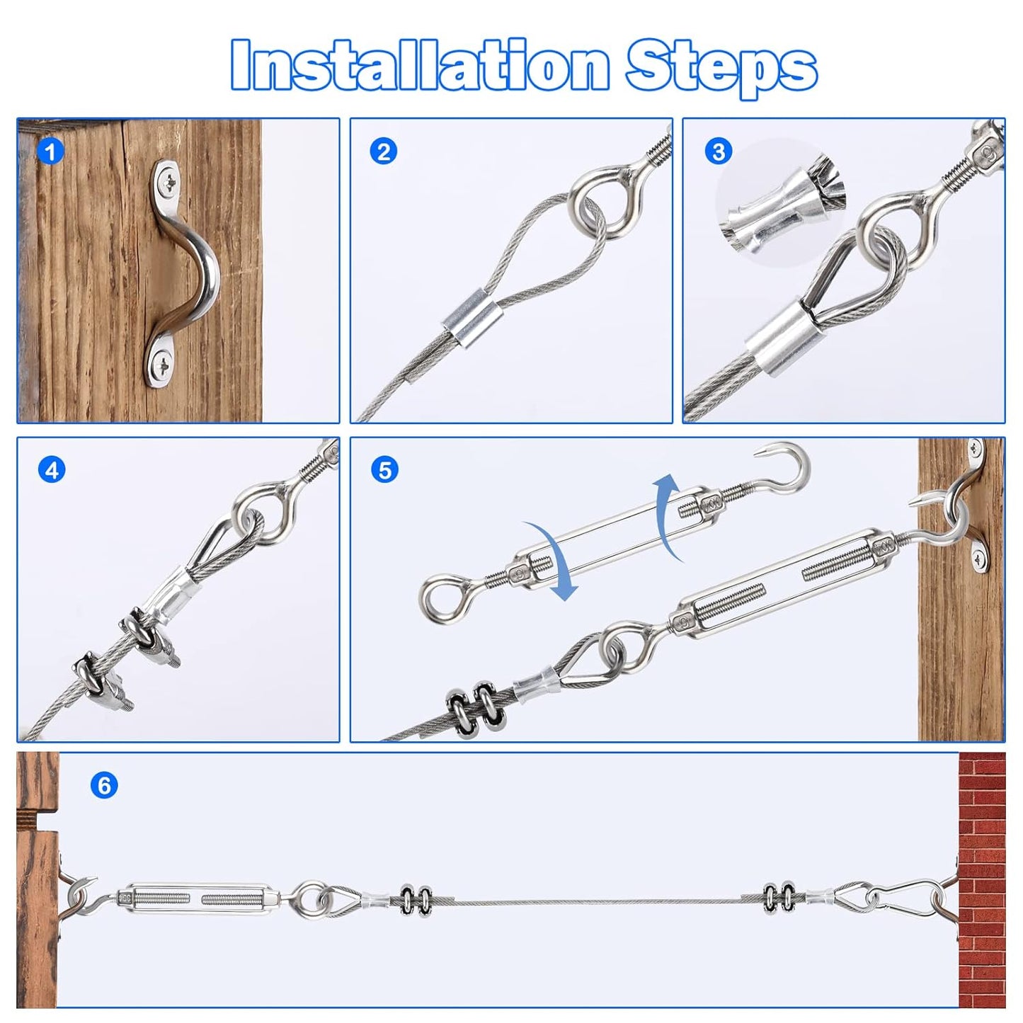 3/16" Wire Rope, 304 Stainless Steel Turnbuckle Wire Tensioner Kit, 100 Ft PVC Coated Steel Cable w/ 7×7 Strand Core for Decking Stair Railing, Shade Sail, String Light Hanging, Clothes Line