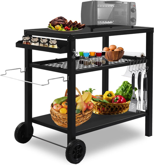 Outvita Outdoor Grill Cart, Movable Food Prep and Work Cart Table, Pizza Oven Stand Table with Wheels, Indoor & Outdoor Multifunctiona BBQ Cart with Mesh Racks for Home Party Camping