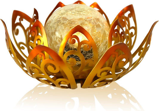 Bshine Solar Outdoor Garden Lotus Decorative Light, Waterproof Metal Cracked Glass Globe LED Lotus Light for Tabletop Decor, Walkway, Lawn Ornaments and Garden, Housewarming Gift (Yellow)