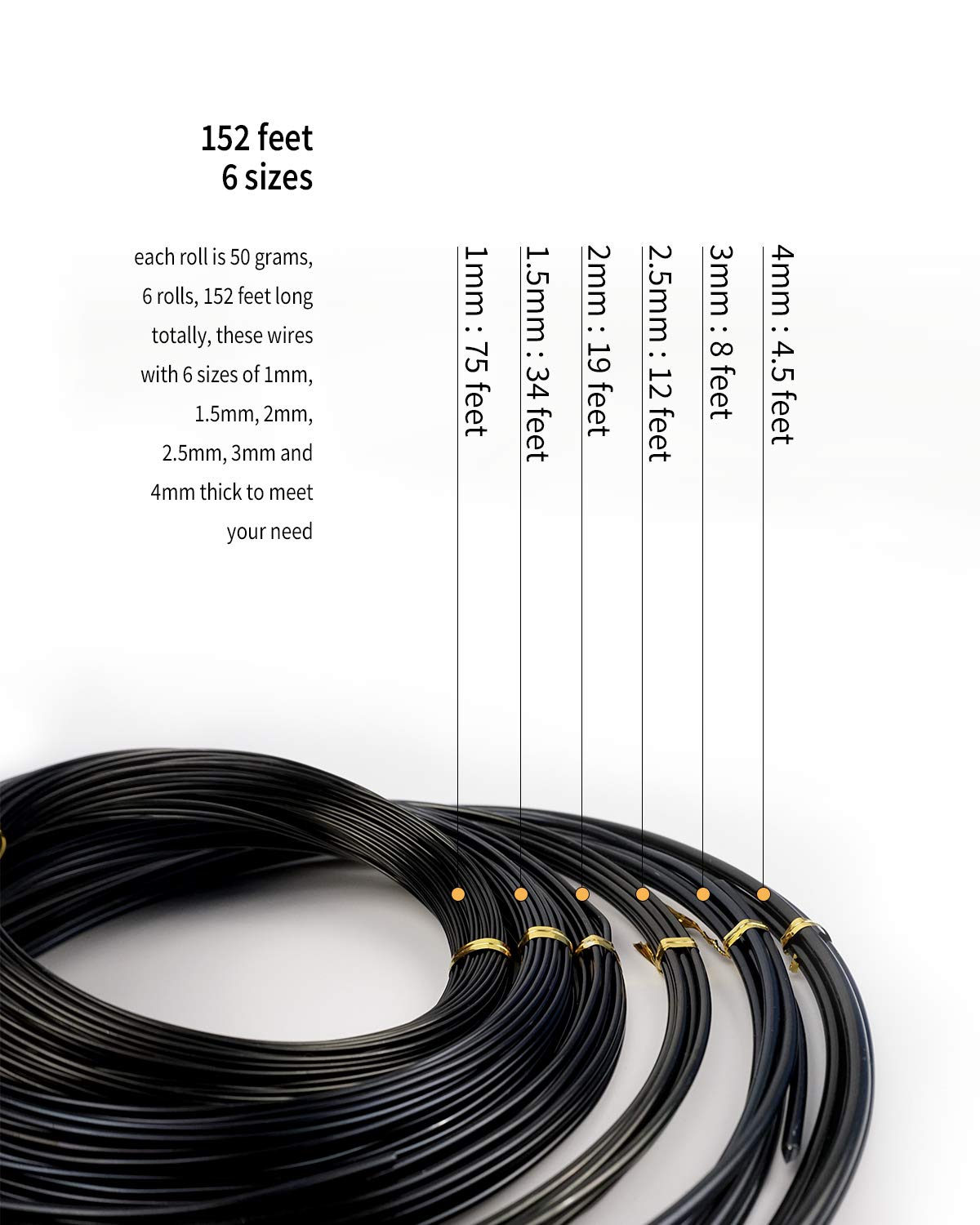 Bonsai Wire, 6 Sizes of 1mm, 1.5mm, 2mm, 2.5mm, 3mm, 4mm Black Aluminum Wire, Total 152 Feet Bonsai Tool Kit, 300 Grams Bonsai Tree Wire for Bonzai Trees Indoor by MoHern