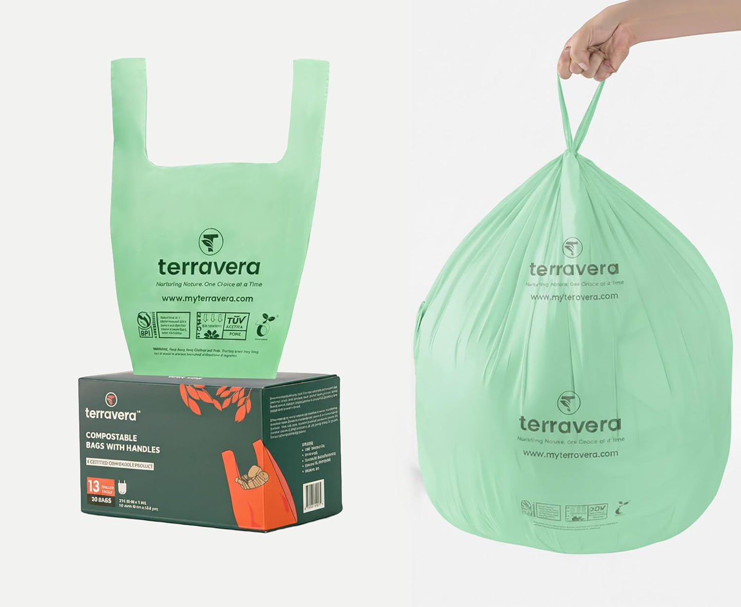 13 Gallon Compostable Trash Bags - Handle Tie | Extra Thick 1 mil|BPI & OK Home Certified ASTM D6400 Standards | Food Scraps, Kitchen Trash, Home & Yard Waste Bags | 30 Count compost bags