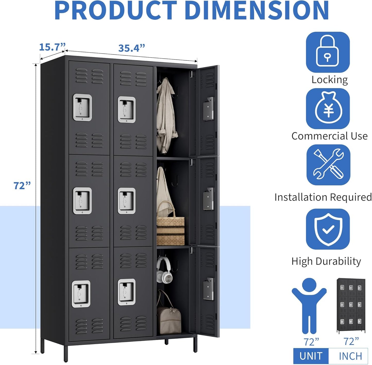 9 Doors Employee Lockers for Office, Metal Sorage Locker Combination, Lockable Employees Metal Locker With Door, Industrial Storage Lockers for Home, School, Gym