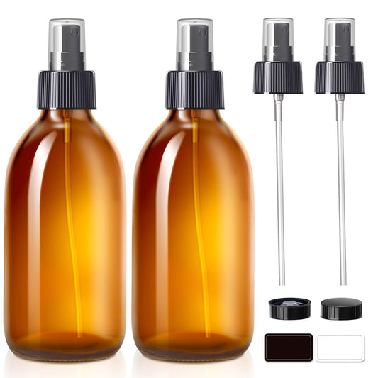 Tecohouse Amber Glass Spray Bottles 10.8oz, 2 Pack Empty Spray Bottle for Essential Oils, Small Glass Bottles for Cleaning Solutions, Plants, Hair with Durable Nozzle, Labels, Funnel