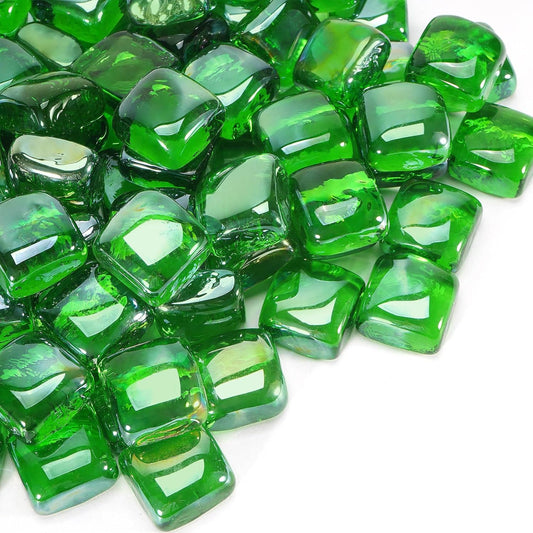 Fire Pit Glass Rocks Square, Fire Glass Cubes, Tempered Firepit Stones for Fireplace, Firepit Table Indoor or Outdoor, Replacing Traditional Burning Wood 10 pounds, Green Reflective