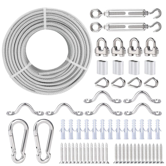 3/16" Wire Rope, 304 Stainless Steel Turnbuckle Wire Tensioner Kit, 100 Ft PVC Coated Steel Cable w/ 7×7 Strand Core for Decking Stair Railing, Shade Sail, String Light Hanging, Clothes Line