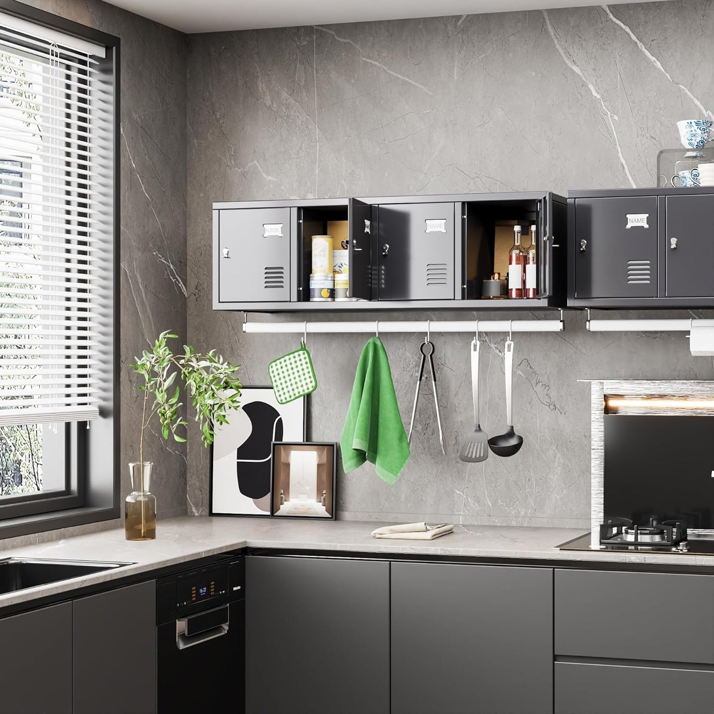 Metal 4 Doors Locker Cabinet with Hanging Rod, Wall-Mounted Storage Lockers for Home, Office, Garage, Storage, Assembly Required, Dark Gray