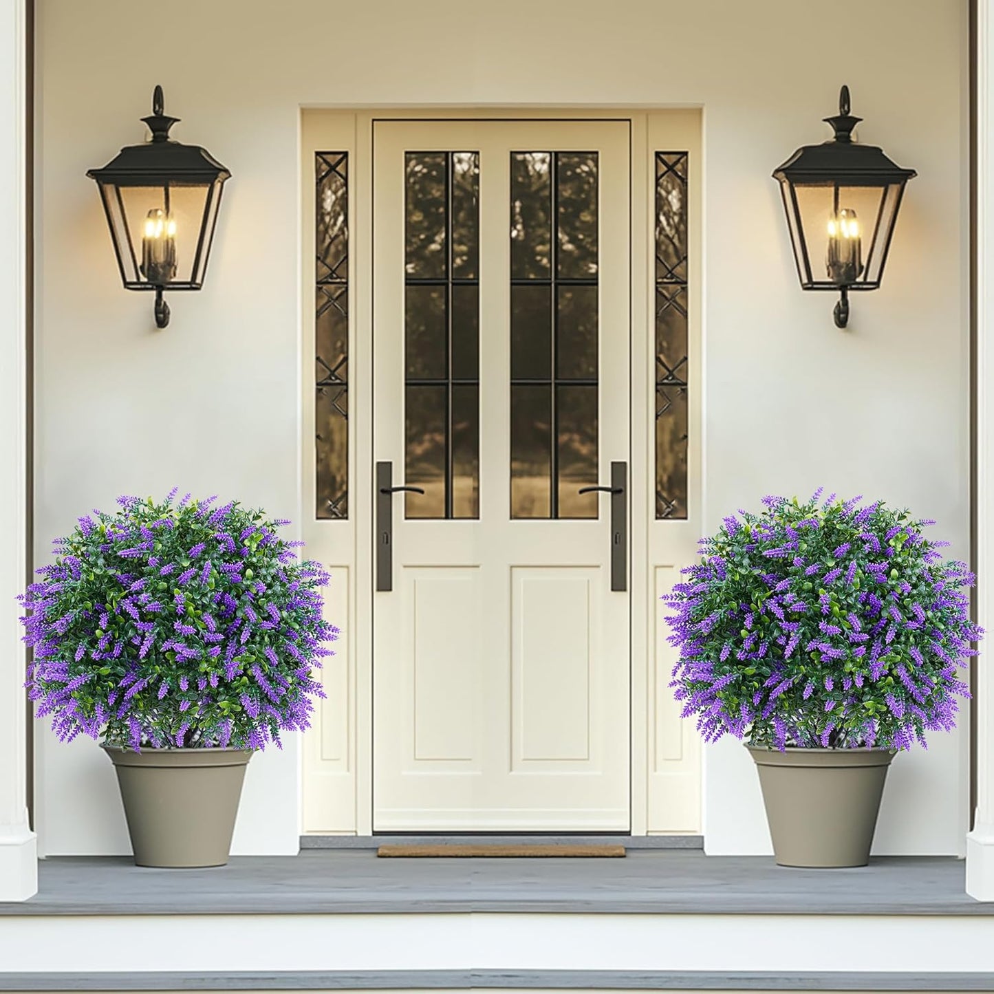 Artificial Boxwood Topiary Ball with Lavender, Set of 2 Artificial Shrub Bushes with Ground Spike, Fake Evergreen Tree for Porch, Artificial Plants for Outdoor Planters Indoor UV Resistant