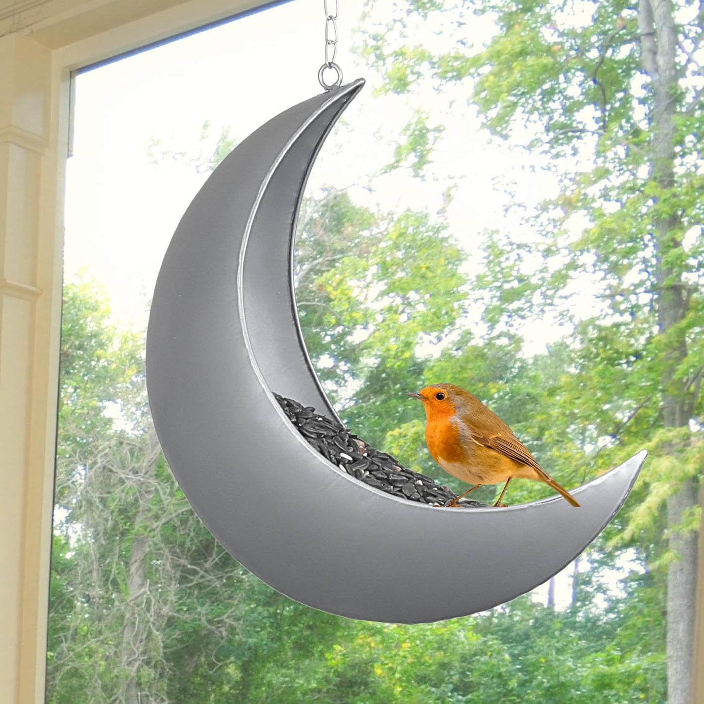 Hanging Moon Bird Feeder – Unique Metal Bird Feeders for Outdoors, Silver Rust-Resistant, Drain Holes – Wild Bird Feeder for Bluebirds, Cardinals, Finches, and Backyard Birdwatching