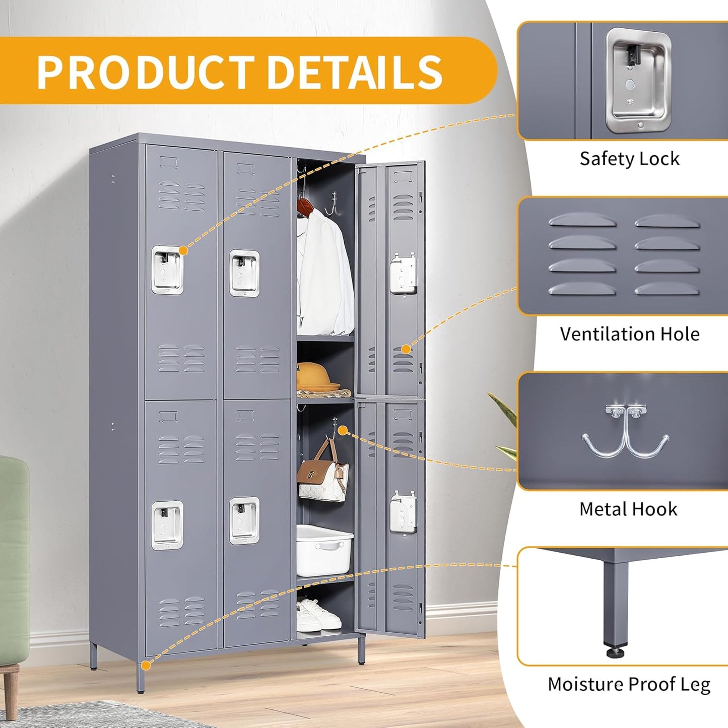 Metal Lockers for Employees, Storage Employee Locker, 72" Storage Lockers with Shelves Steel Cabinet for Home (Gray, 6 door-72'')