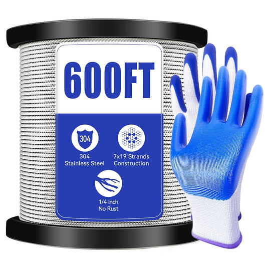 1/4" Stainless Steel Cable,7x19 Strand Aircraft Wire Rope,Cable for Heavy Duty Applications,Zip Iine and Outdoor Pulley Cables,Deck Railing, with Gloves,Breaking Strength 6400 Ibs,600FT