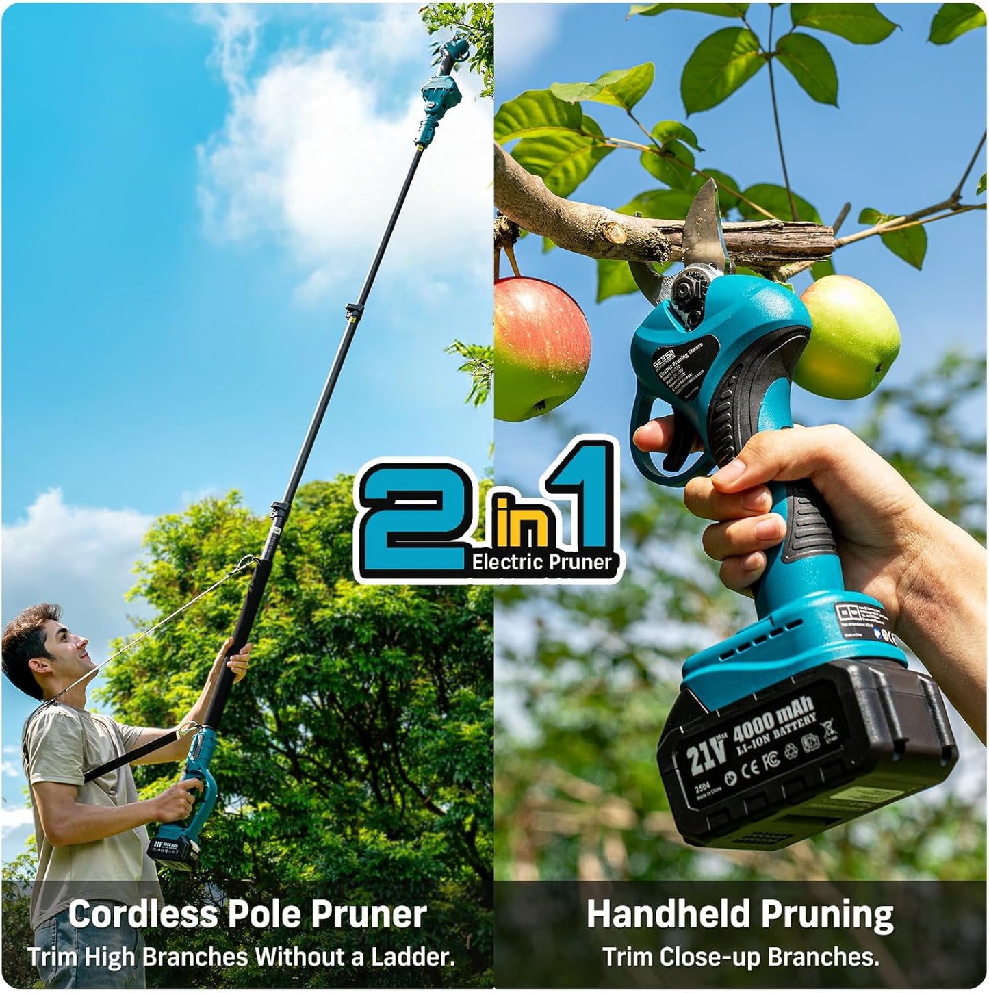 Seesii 2-in-1 Cordless Electric Pruning Shears with Pole, 15Ft Reach, 1.2" Cutting Diameter, 21V 2x 4000mAh Batteries, Battery Powered Tree Pruner with Brushless Motor for Efficient Branch Trimming