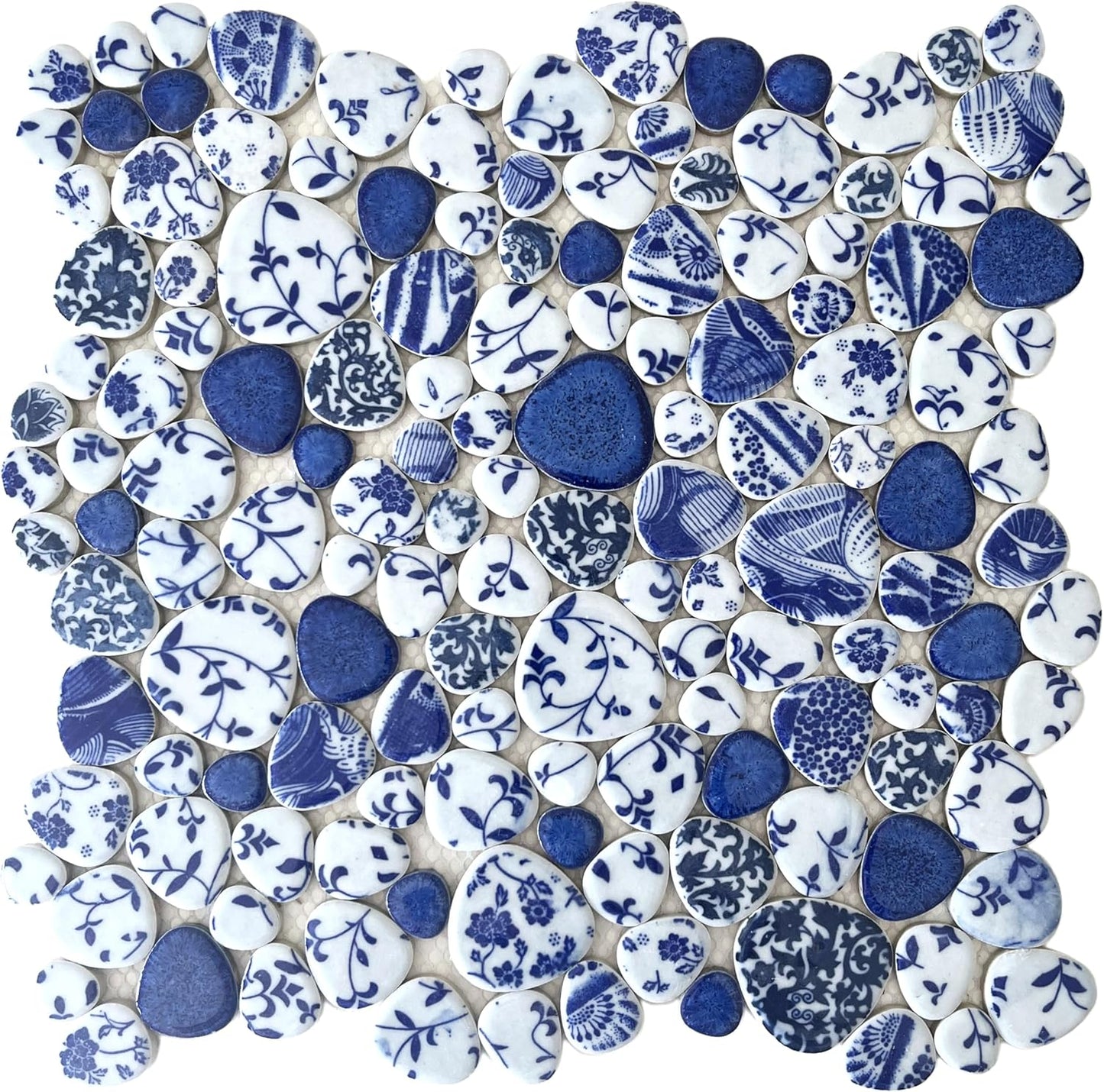 Blujellyfish Blue & White Pebble Tile Porcelain Mosaic Tiles for Art Deco (Pack of 5)