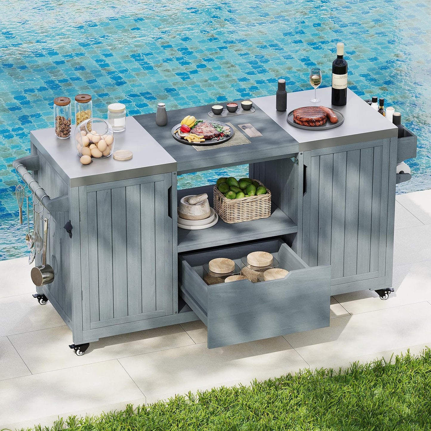 Merax 66.5" Outdoor Grill Table for Big Green Egg, Farmhouse Kitchen Island on Wheels with Stainless Steel Tabletop, Drawer and Spice Rack, Solid Wood Outdoor Storage Cabinet for Backyard, Grey Blue